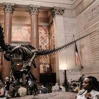 Een dinosaurusskelet bij de ingang van het American Museum of Natural History.